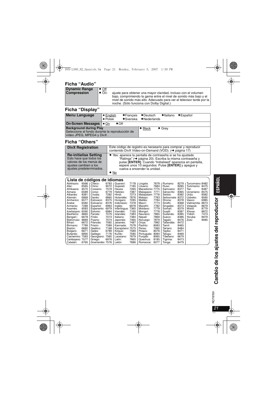 Ca m b io de los aj ust e s del r e pr oduct o r, Ficha “audio” ficha “display” ficha “others, Lista de códigos de idiomas | Panasonic DVDLS82 User Manual | Page 111 / 192