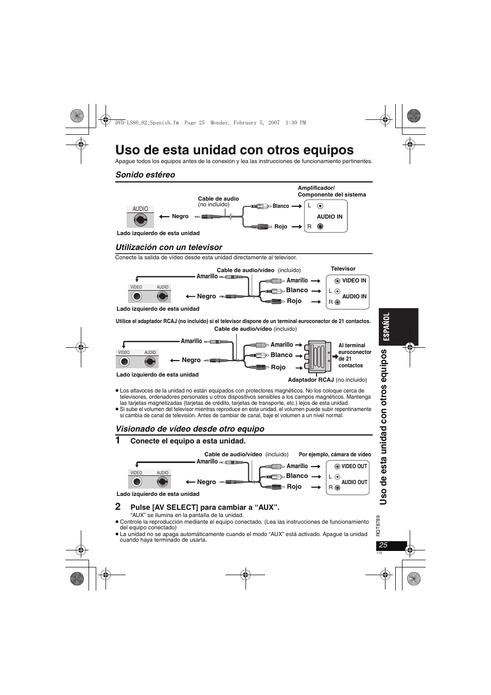 Uso de esta unidad con otros equipos, Uso de es ta unida d con ot ro s equip o s, Sonido estéreo utilización con un televisor | Visionado de vídeo desde otro equipo | Panasonic DVDLS82 User Manual | Page 115 / 192