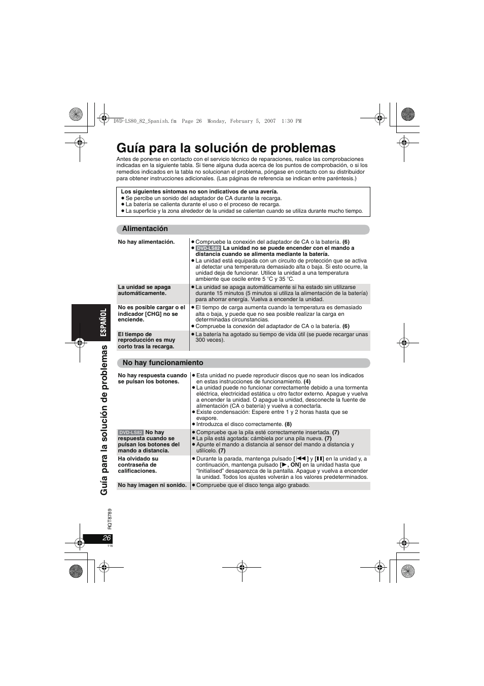 Guía para la solución de problemas | Panasonic DVDLS82 User Manual | Page 116 / 192