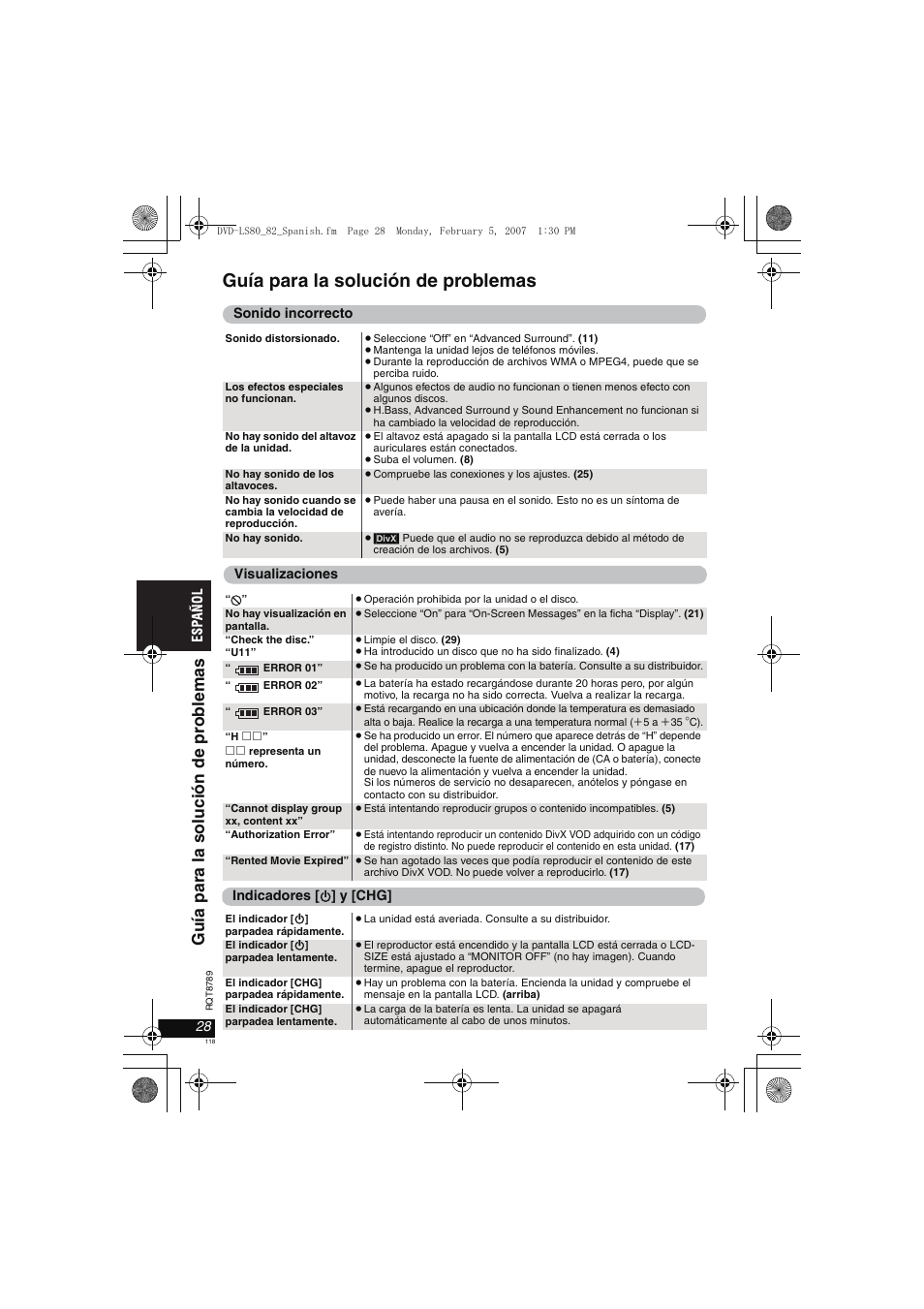 Guía para la solución de problemas | Panasonic DVDLS82 User Manual | Page 118 / 192