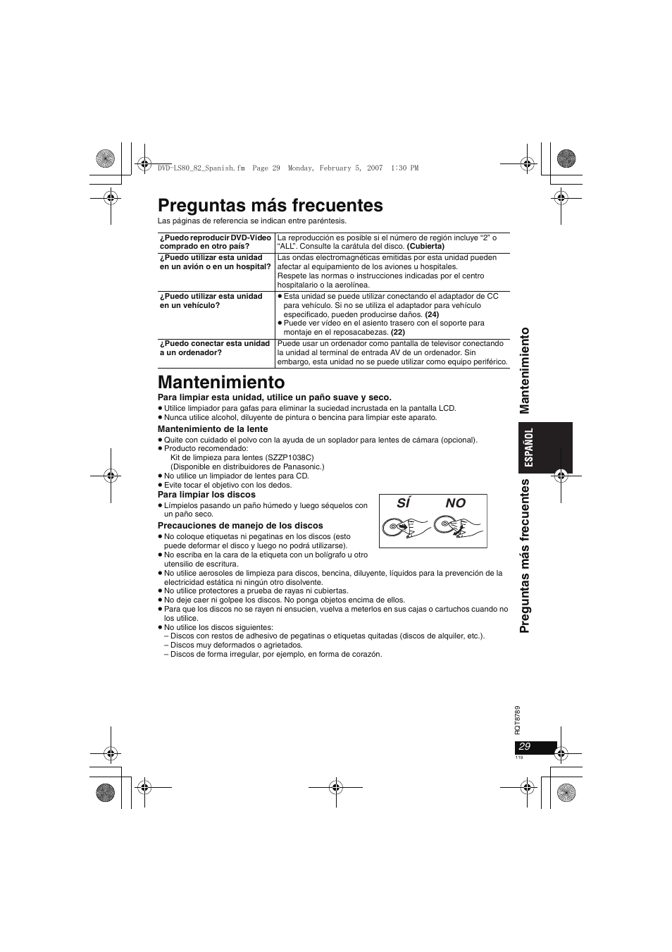 Preguntas más frecuentes, Mantenimiento | Panasonic DVDLS82 User Manual | Page 119 / 192