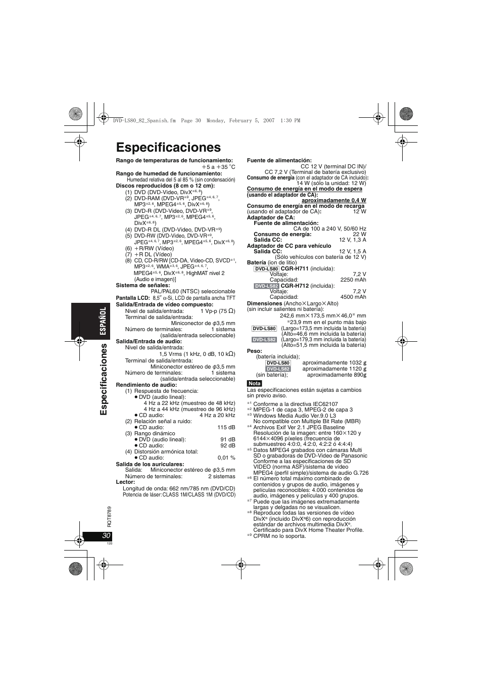 Especificaciones, Especi fi caci ones | Panasonic DVDLS82 User Manual | Page 120 / 192