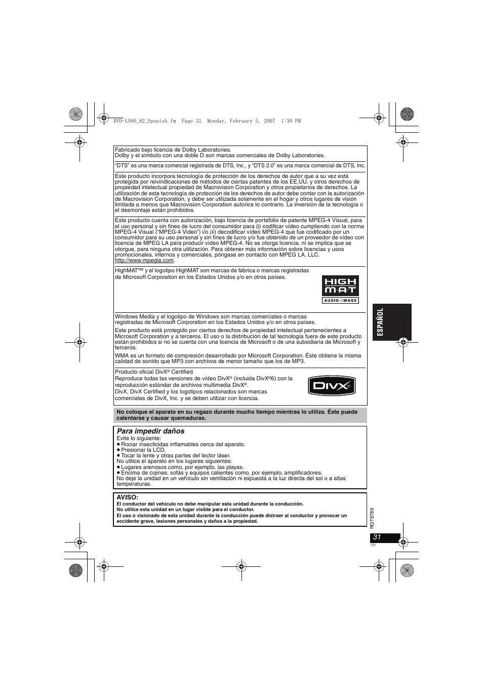 Para impedir daños | Panasonic DVDLS82 User Manual | Page 121 / 192