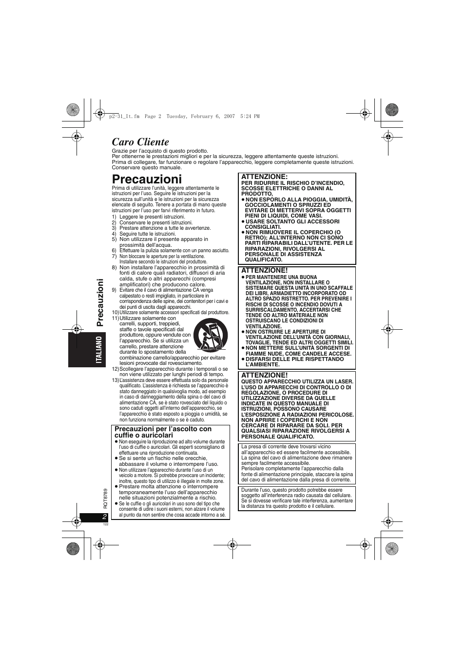 Precauzioni, Caro cliente, Precau zioni | Panasonic DVDLS82 User Manual | Page 122 / 192