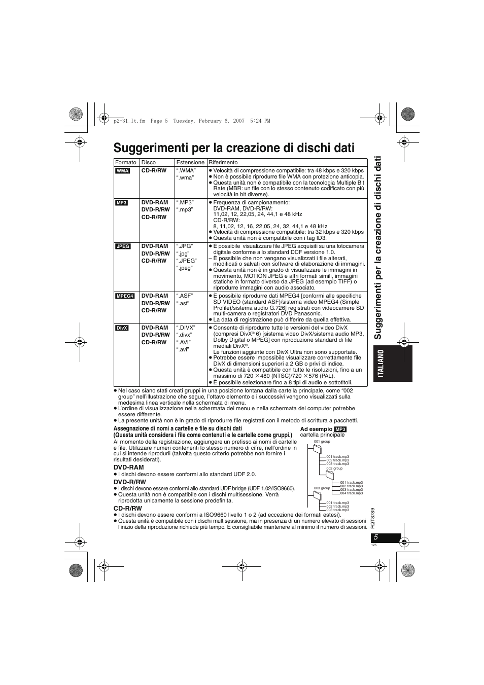 Suggerimenti per la creazione di dischi dati | Panasonic DVDLS82 User Manual | Page 125 / 192