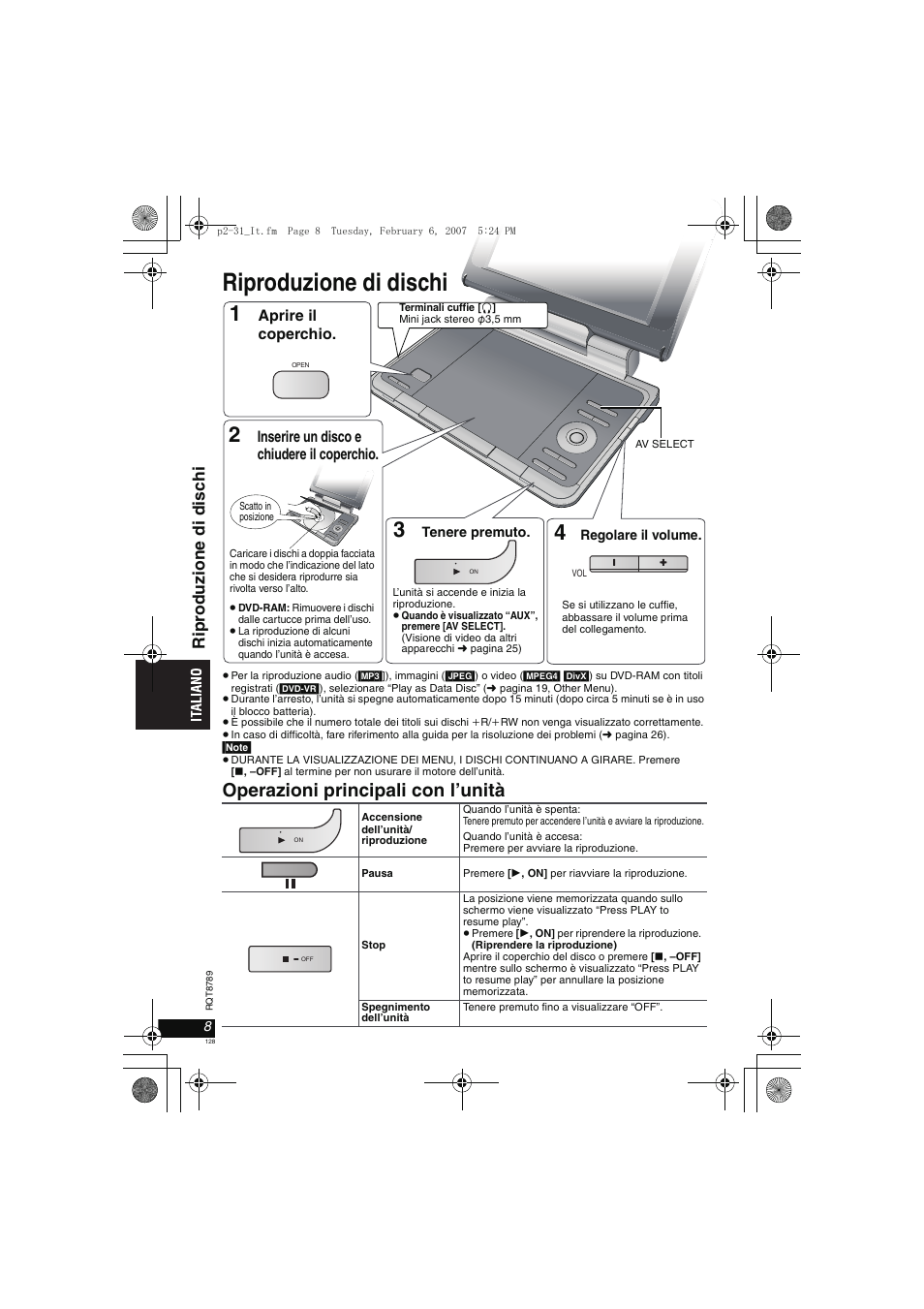 Riproduzione di dischi, Operazioni principali con l’unità, Ripr oduzi one di d isc hi | Panasonic DVDLS82 User Manual | Page 128 / 192