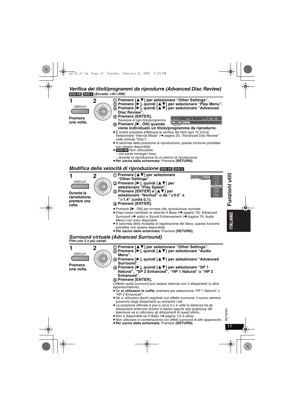 Funzi oni ut il i, Modifica della velocità di riproduzione, Surround virtuale (advanced surround) | Panasonic DVDLS82 User Manual | Page 131 / 192