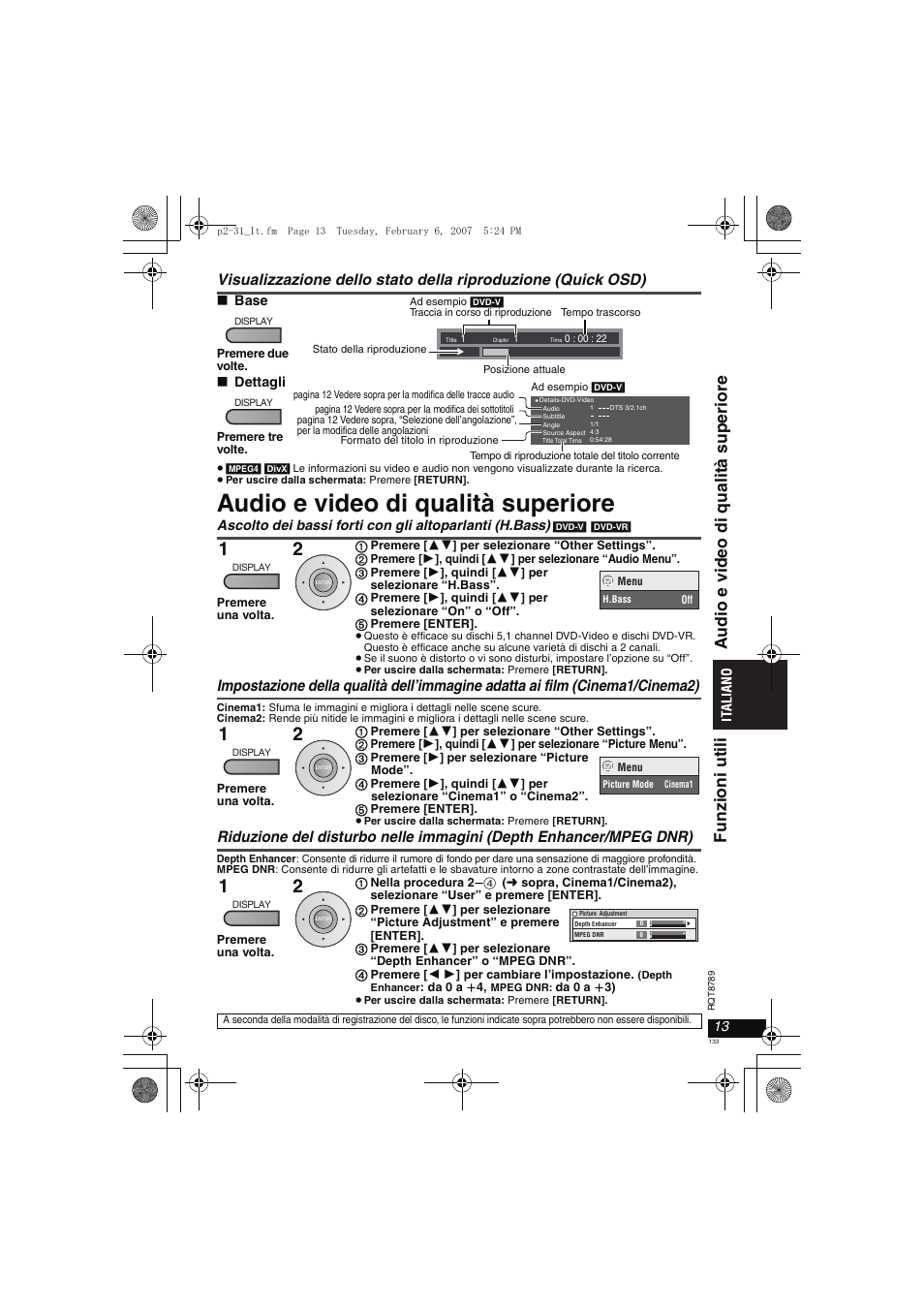 Audio e video di qualità superiore, Audio e v ideo di qual it à s uperi o re, Funzi oni ut il i | Panasonic DVDLS82 User Manual | Page 133 / 192