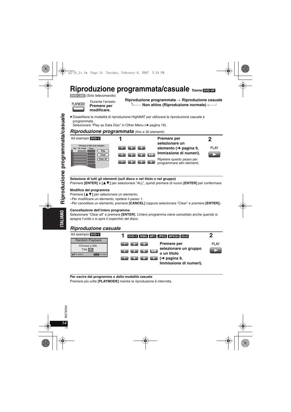 Riproduzione programmata/casuale, Ripr oduzi one pr ogramm a ta /casual e, Riproduzione programmata | Riproduzione casuale | Panasonic DVDLS82 User Manual | Page 134 / 192