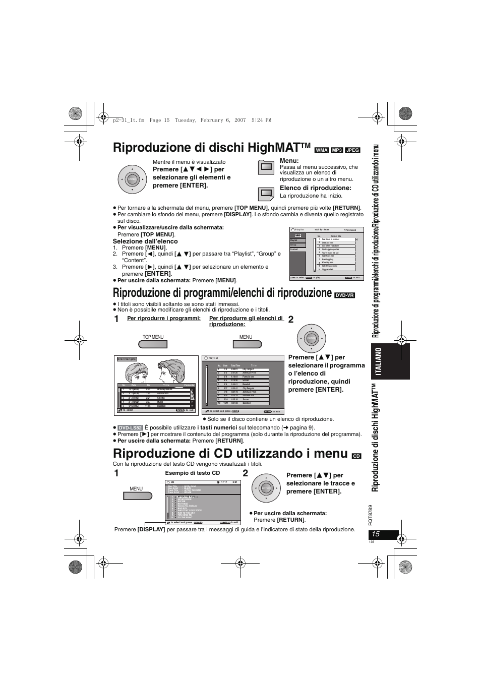 Riproduzione di dischi highmat, Riproduzione di programmi/elenchi di riproduzione, Riproduzione di cd utilizzando i menu | Selezione dall’elenco, Enter, Elenco di riproduzione | Panasonic DVDLS82 User Manual | Page 135 / 192