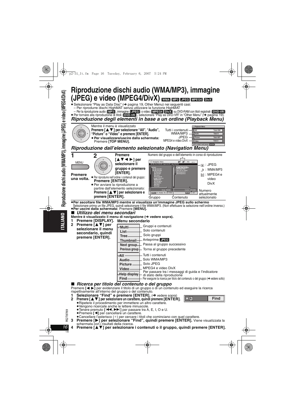 Utilizzo dei menu secondari, Ricerca per titolo del contenuto o del gruppo | Panasonic DVDLS82 User Manual | Page 136 / 192