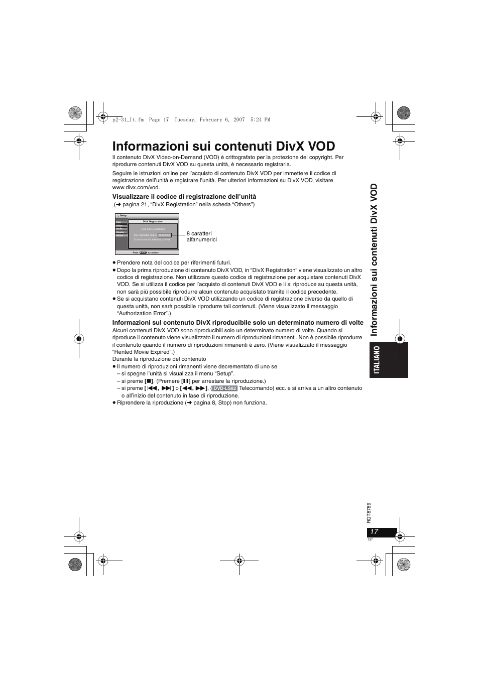 Informazioni sui contenuti divx vod, Inf o rmazi oni sui cont en ut i divx v o d | Panasonic DVDLS82 User Manual | Page 137 / 192