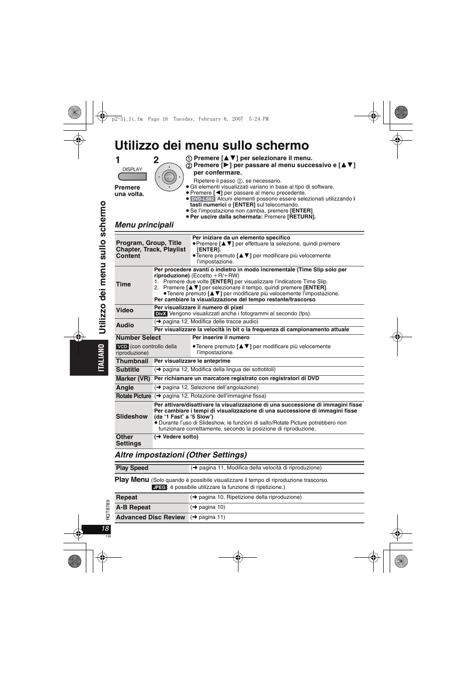 Utilizzo dei menu sullo schermo, Uti li zzo dei men u sull o sc h e rmo | Panasonic DVDLS82 User Manual | Page 138 / 192