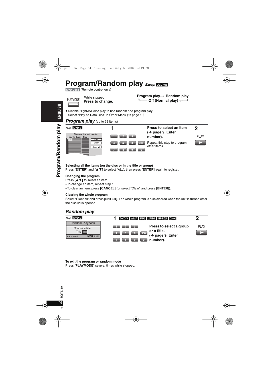 Program/random play, Pr ogram/ r a ndom pla y, Program play | Random play | Panasonic DVDLS82 User Manual | Page 14 / 192