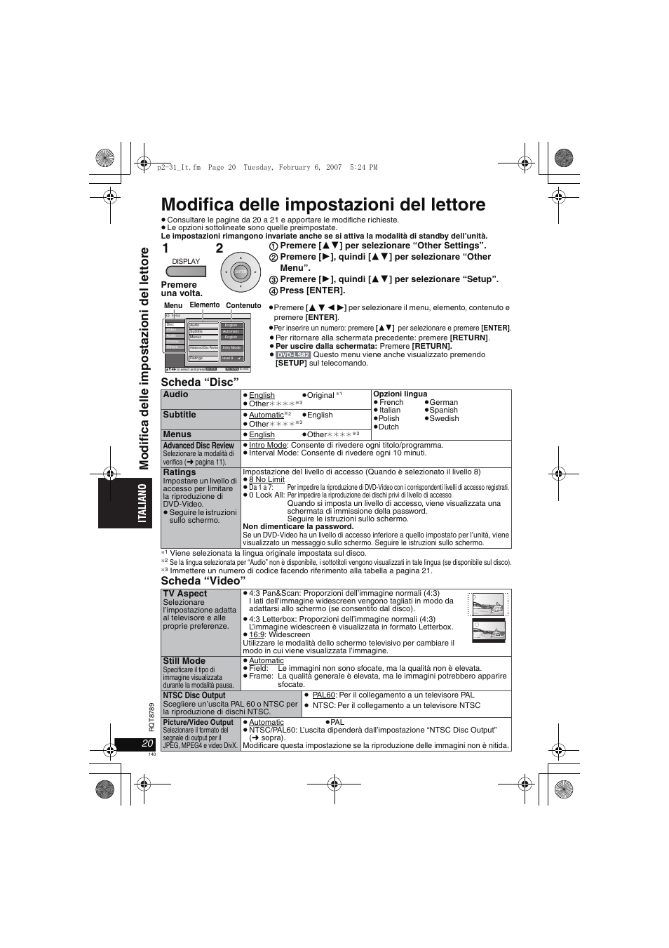 Modifica delle impostazioni del lettore, Modif ica del le i m post azi oni del l e tt ore, Scheda “disc | Scheda “video | Panasonic DVDLS82 User Manual | Page 140 / 192