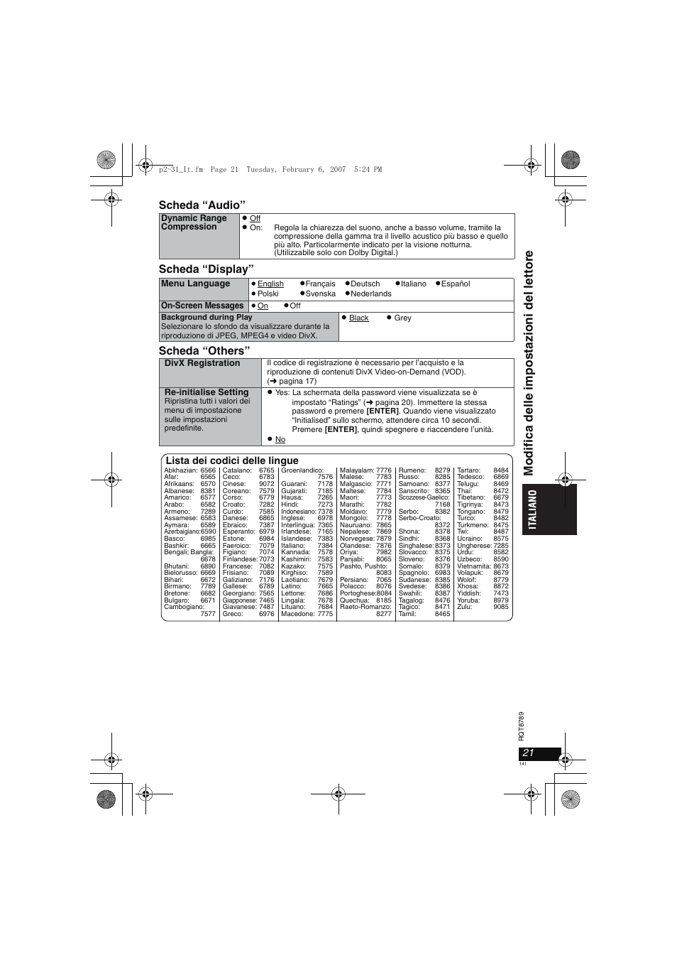 Modif ica del le impost azi oni del l e tt ore, Scheda “audio” scheda “display” scheda “others, Lista dei codici delle lingue | Panasonic DVDLS82 User Manual | Page 141 / 192