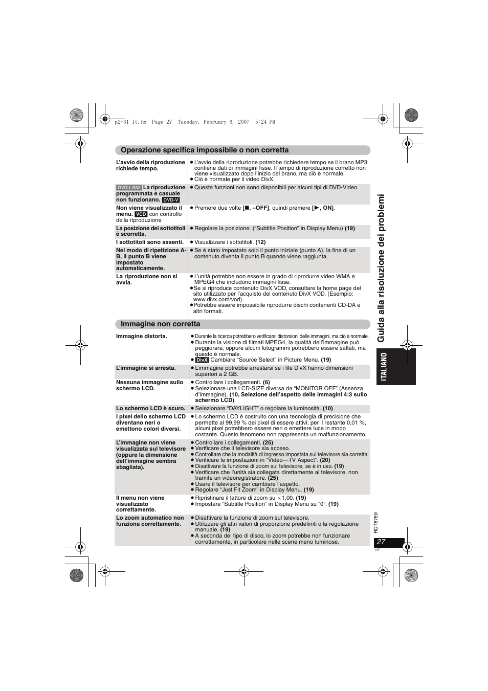 Guida al la ri soluz ione dei pr ob lemi | Panasonic DVDLS82 User Manual | Page 147 / 192