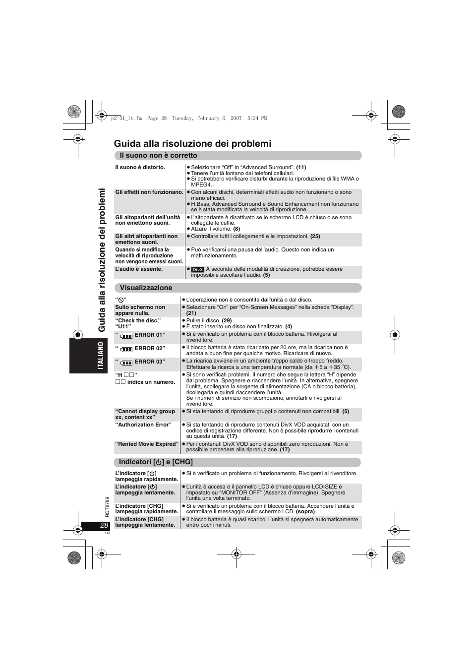 Guida alla risoluzione dei problemi, Guida al la ri soluz ione dei pr ob lemi | Panasonic DVDLS82 User Manual | Page 148 / 192