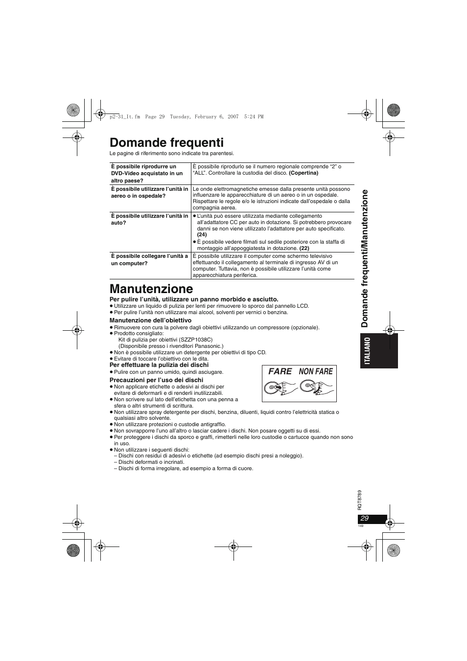 Domande frequenti, Manutenzione | Panasonic DVDLS82 User Manual | Page 149 / 192