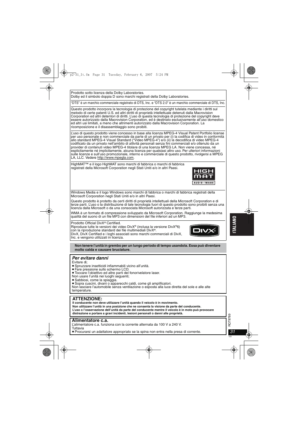 Per evitare danni, Attenzione, Alimentatore c.a | Panasonic DVDLS82 User Manual | Page 151 / 192