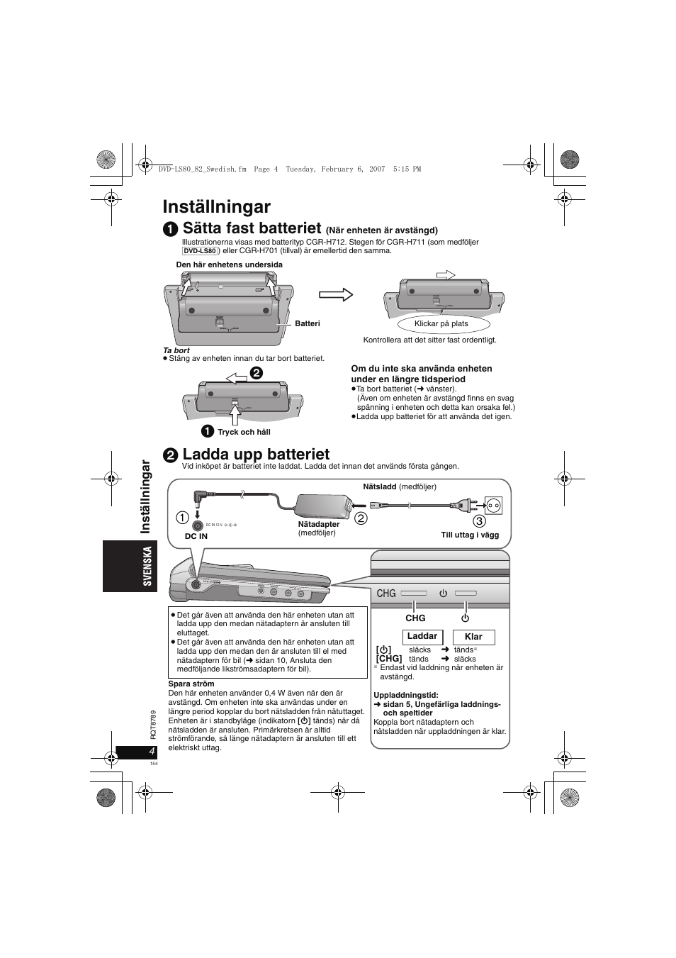 Inställningar, 1 sätta fast batteriet, 2 ladda upp batteriet | Inst äll n ingar | Panasonic DVDLS82 User Manual | Page 154 / 192