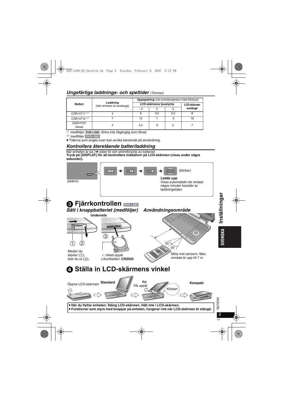 3 fjärrkontrollen, 4 ställa in lcd-skärmens vinkel, Inst äll n ingar | Ungefärliga laddnings- och speltider, Kontrollera återstående batteriladdning | Panasonic DVDLS82 User Manual | Page 155 / 192