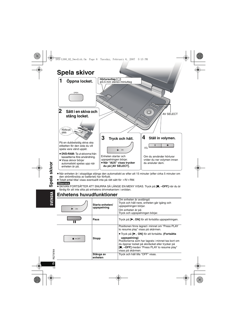 Spela skivor, Enhetens huvudfunktioner, Spela ski v o r | Panasonic DVDLS82 User Manual | Page 156 / 192