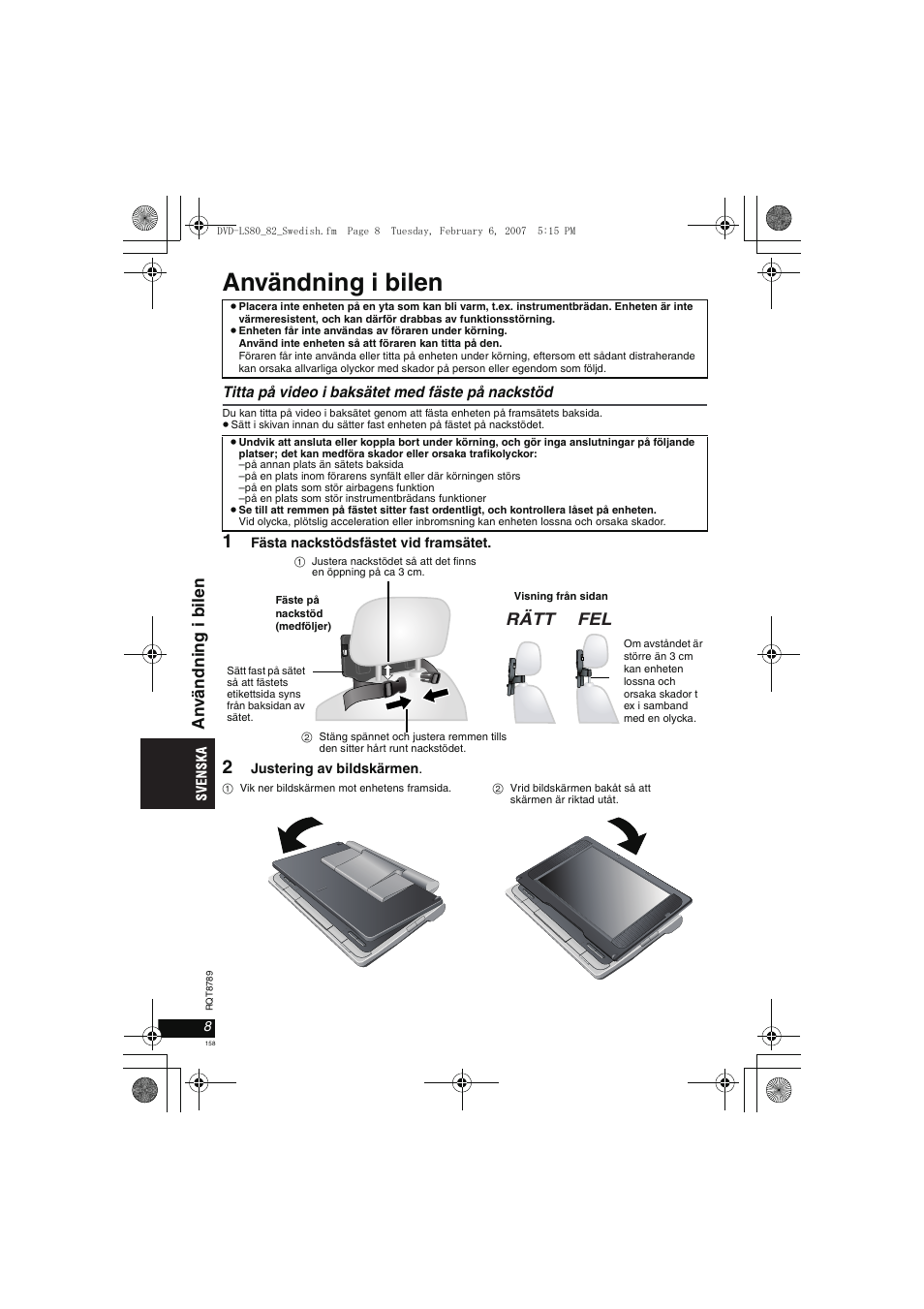 Användning i bilen, Rätt fel, An v ändni ng i bil e n | Panasonic DVDLS82 User Manual | Page 158 / 192