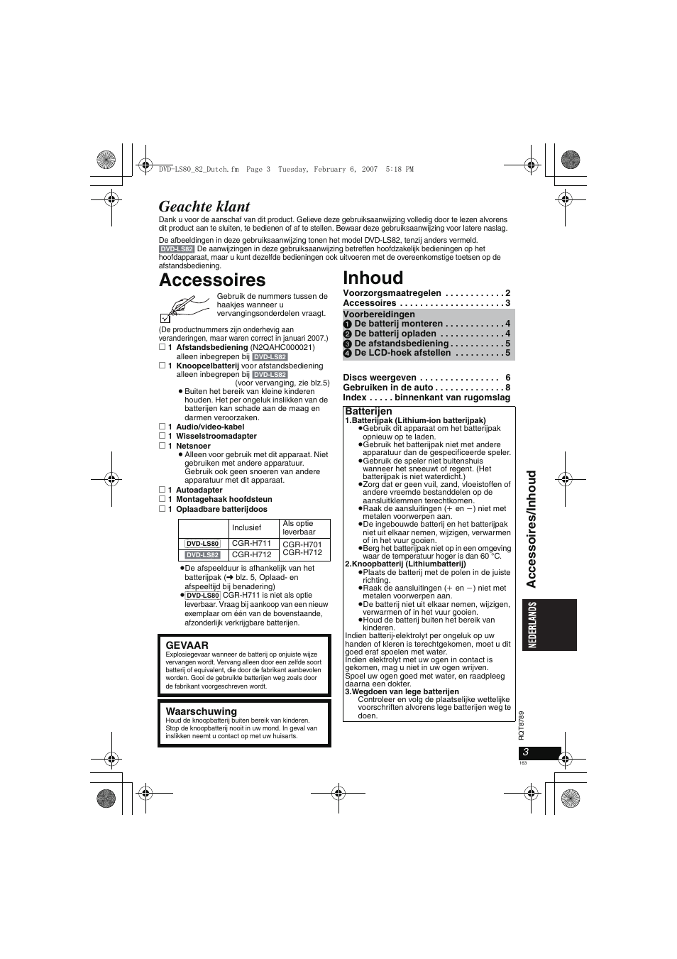 Accessoires, Inhoud, Geachte klant | Accessoi res/ inhou d | Panasonic DVDLS82 User Manual | Page 163 / 192