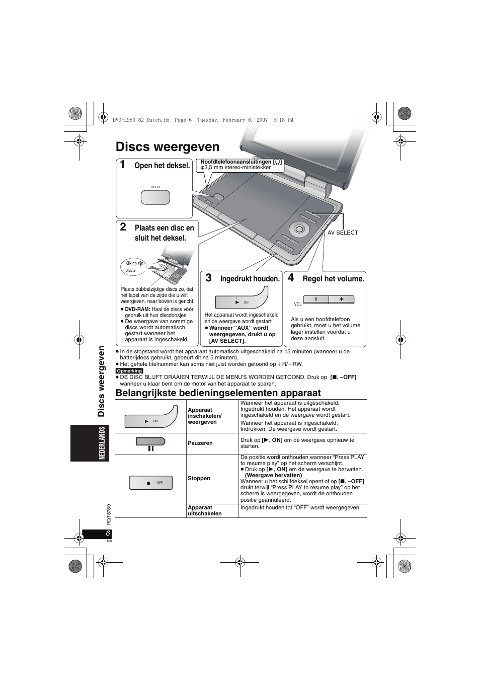 Discs weergeven, Belangrijkste bedieningselementen apparaat, Discs weer g e ven | Panasonic DVDLS82 User Manual | Page 166 / 192