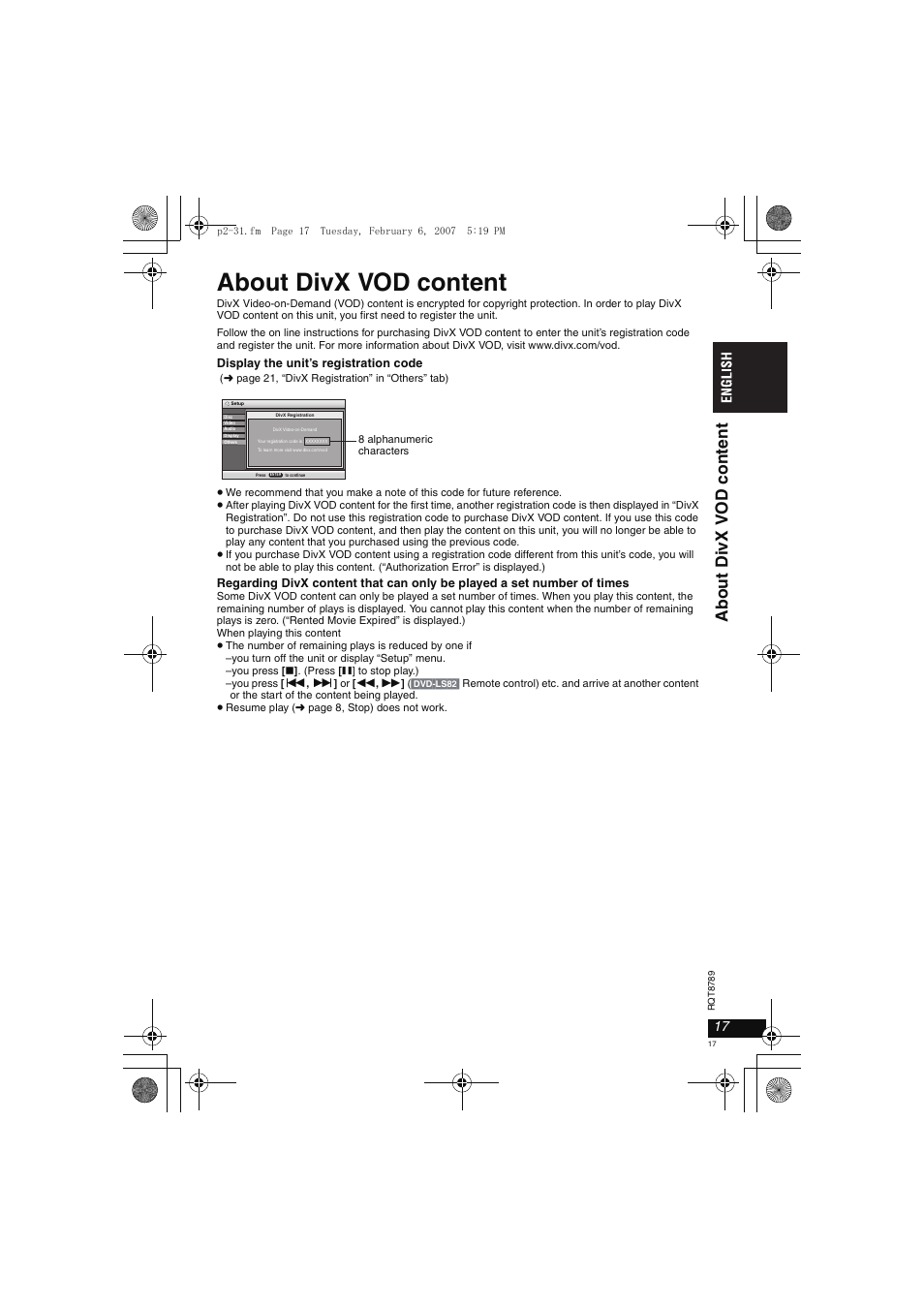 About divx vod content | Panasonic DVDLS82 User Manual | Page 17 / 192