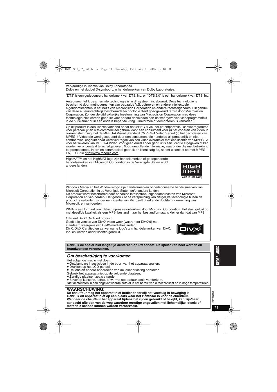 Om beschadiging te voorkomen, Waarschuwing | Panasonic DVDLS82 User Manual | Page 171 / 192