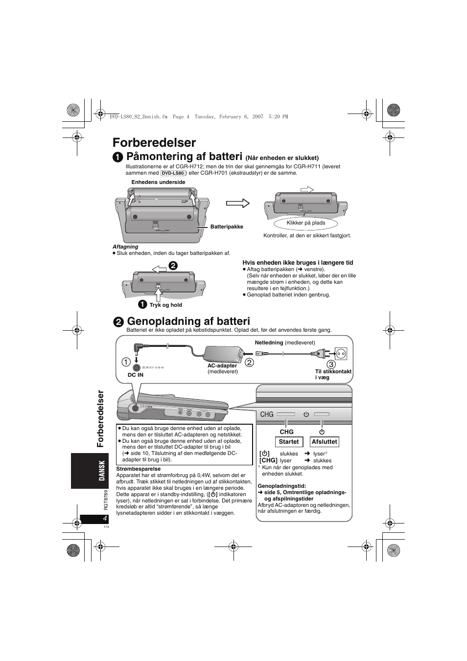 Forberedelser, 1 påmontering af batteri, 2 genopladning af batteri | For beredel ser | Panasonic DVDLS82 User Manual | Page 174 / 192