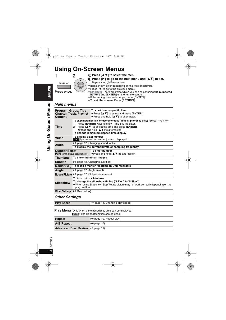 Using on-screen menus | Panasonic DVDLS82 User Manual | Page 18 / 192