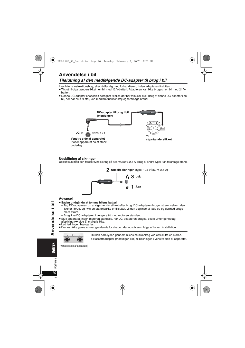 Anvendelse i bil, An vendel se i bil | Panasonic DVDLS82 User Manual | Page 180 / 192