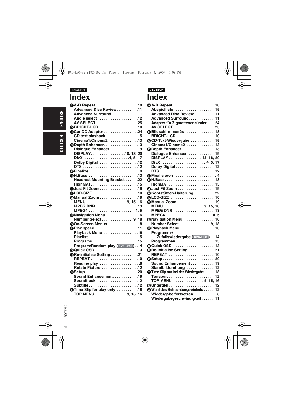 Index | Panasonic DVDLS82 User Manual | Page 186 / 192