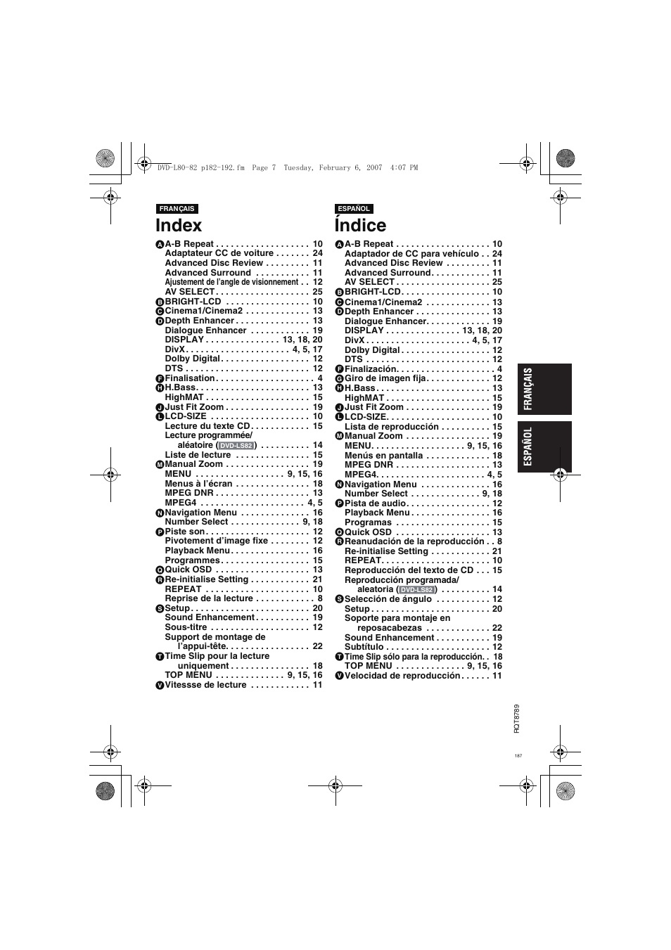 Index índice | Panasonic DVDLS82 User Manual | Page 187 / 192