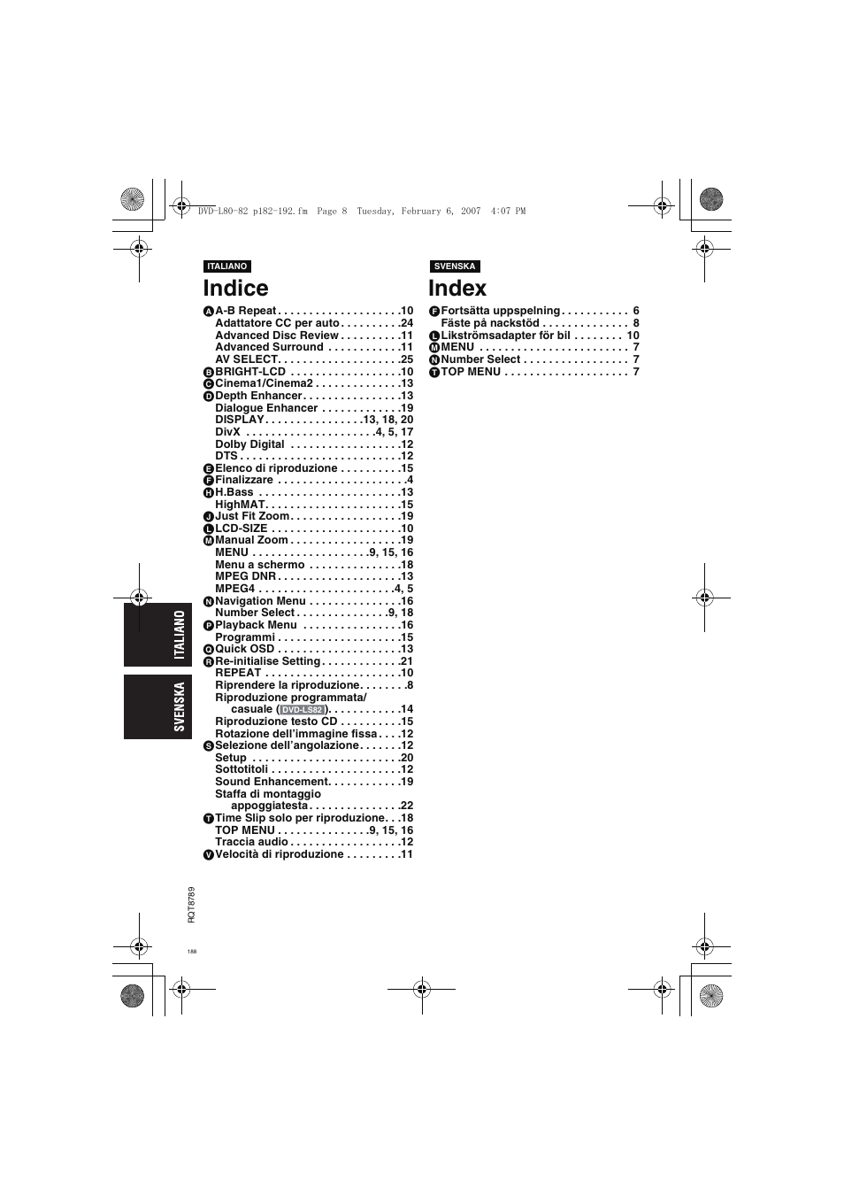 Indice index | Panasonic DVDLS82 User Manual | Page 188 / 192