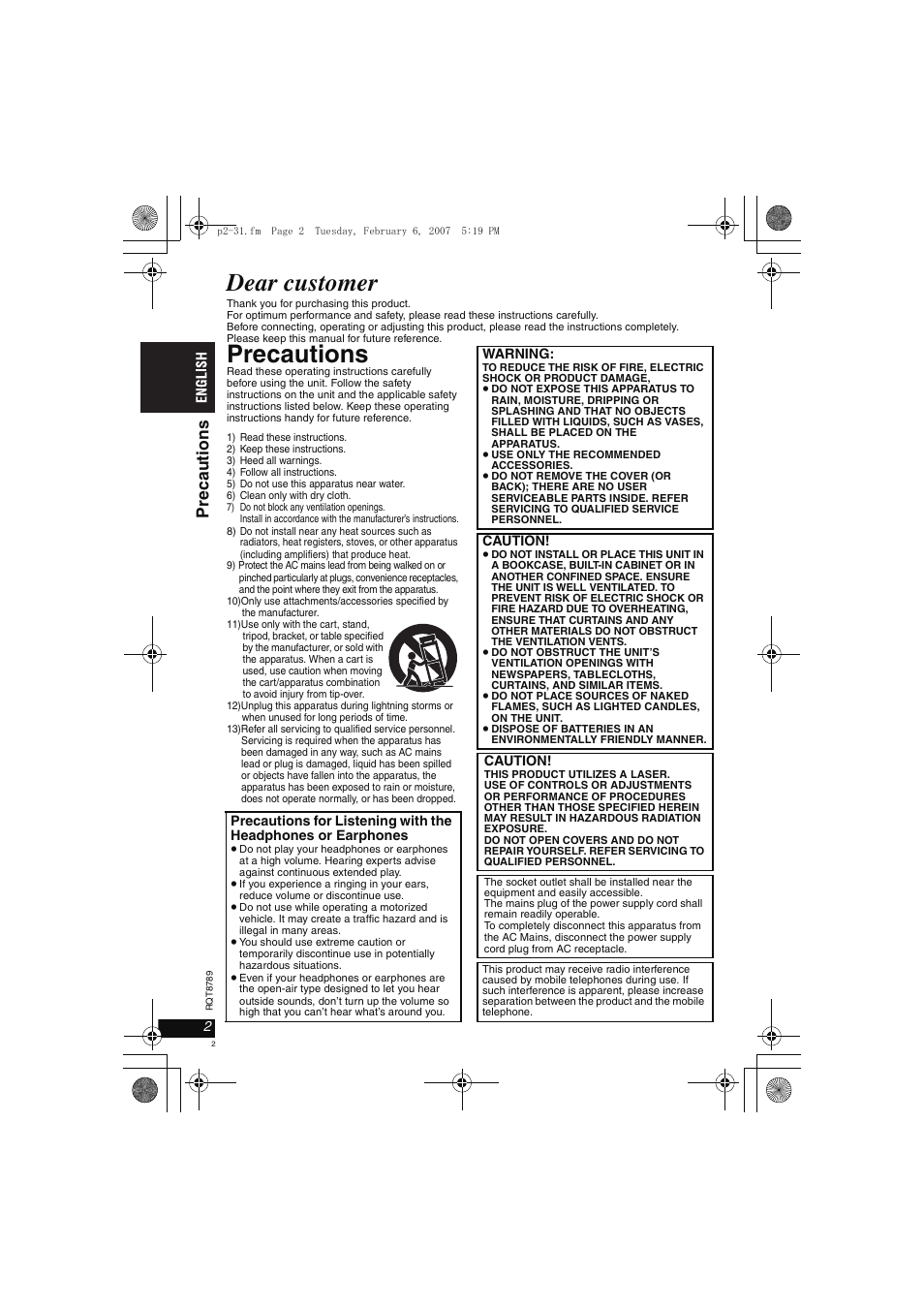 Dear customer, Precautions, Precaut ions | Panasonic DVDLS82 User Manual | Page 2 / 192