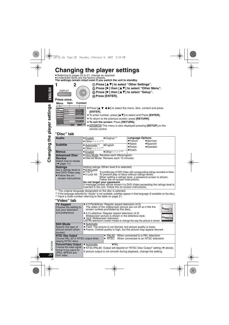 Changing the player settings, Chang ing the pl ayer s e tti n g s, Disc” tab | Video” tab | Panasonic DVDLS82 User Manual | Page 20 / 192