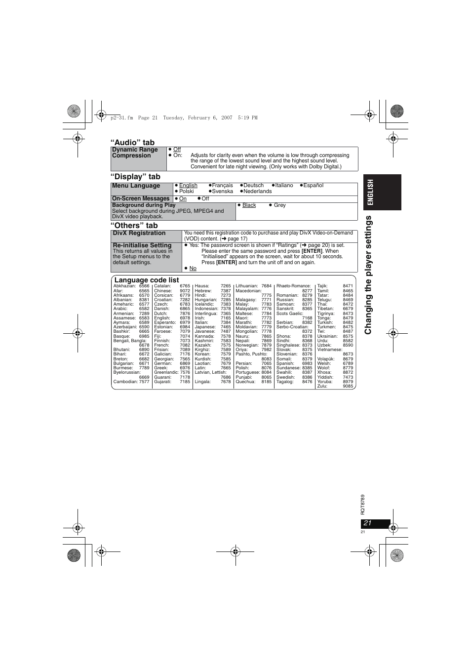 Changi ng the pla y er se tt ings, Audio” tab “display” tab “others” tab, Language code list | Panasonic DVDLS82 User Manual | Page 21 / 192