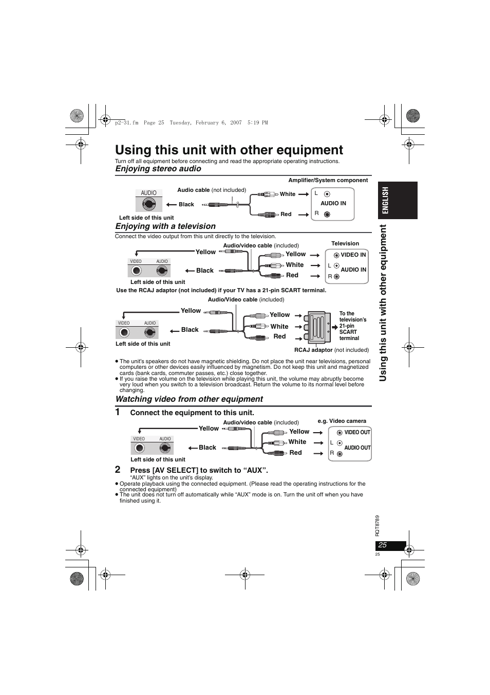 Using this unit with other equipment, Usi ng thi s un it wit h other equi pment, Enjoying stereo audio enjoying with a television | Watching video from other equipment | Panasonic DVDLS82 User Manual | Page 25 / 192