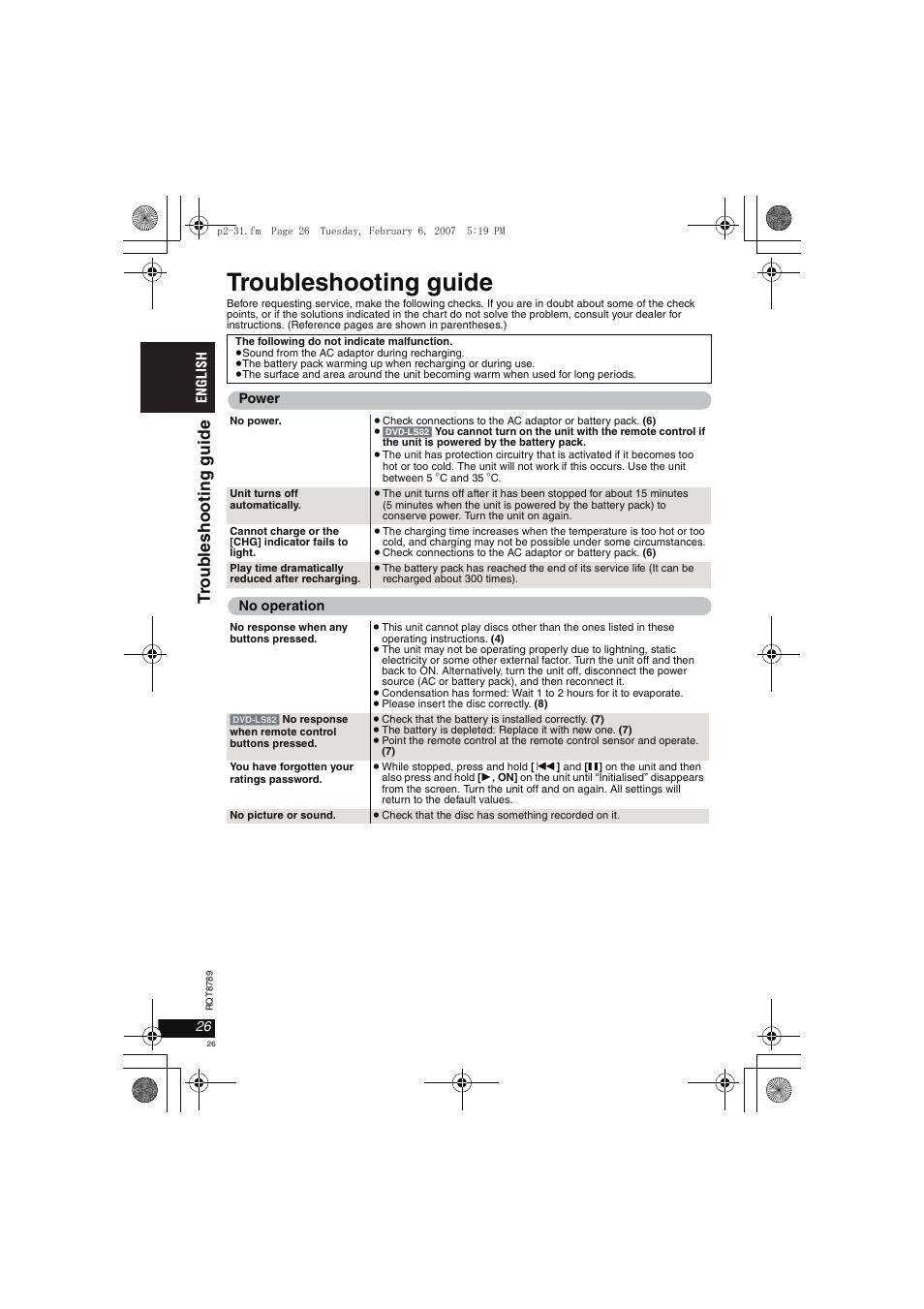 Troubleshooting guide, Troub leshooti ng guide | Panasonic DVDLS82 User Manual | Page 26 / 192