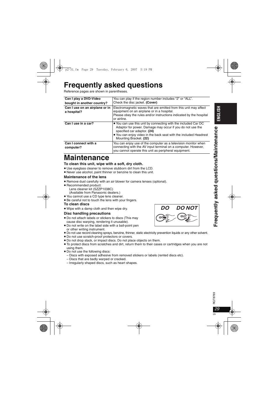 Frequently asked questions, Maintenance | Panasonic DVDLS82 User Manual | Page 29 / 192