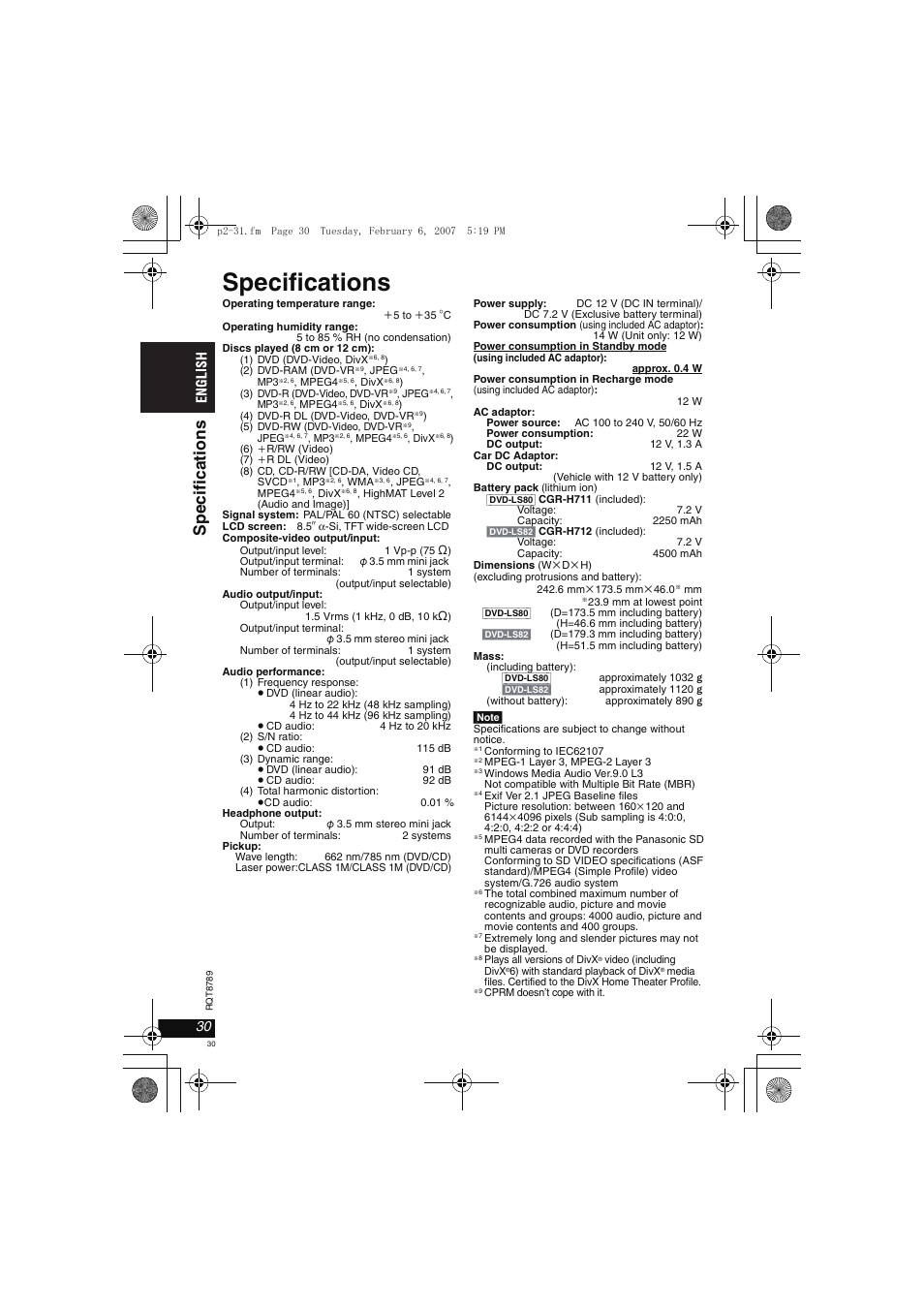 Specifications, Speci fi cat ions | Panasonic DVDLS82 User Manual | Page 30 / 192