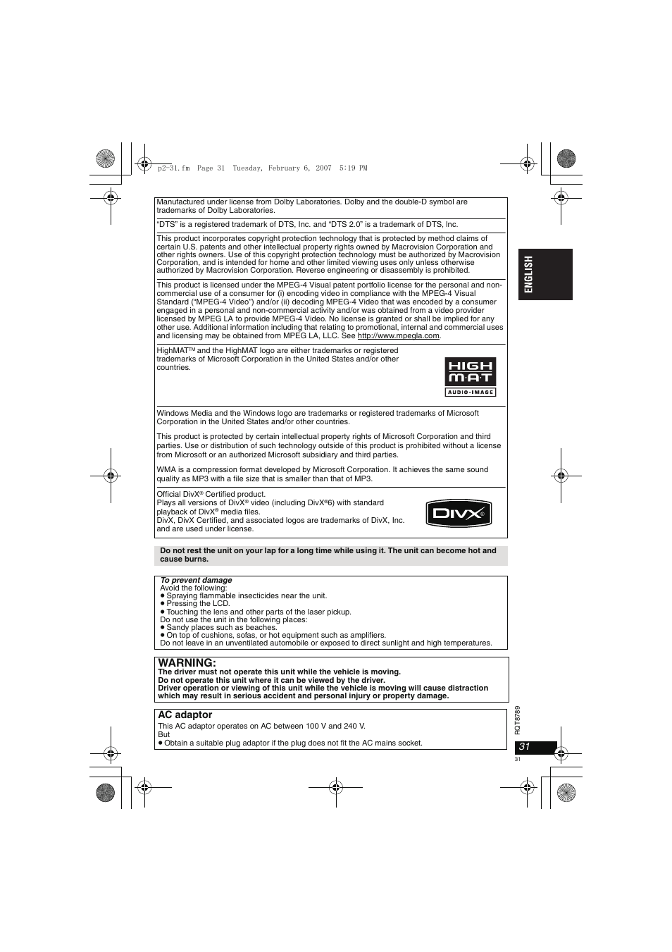 Warning, Ac adaptor | Panasonic DVDLS82 User Manual | Page 31 / 192