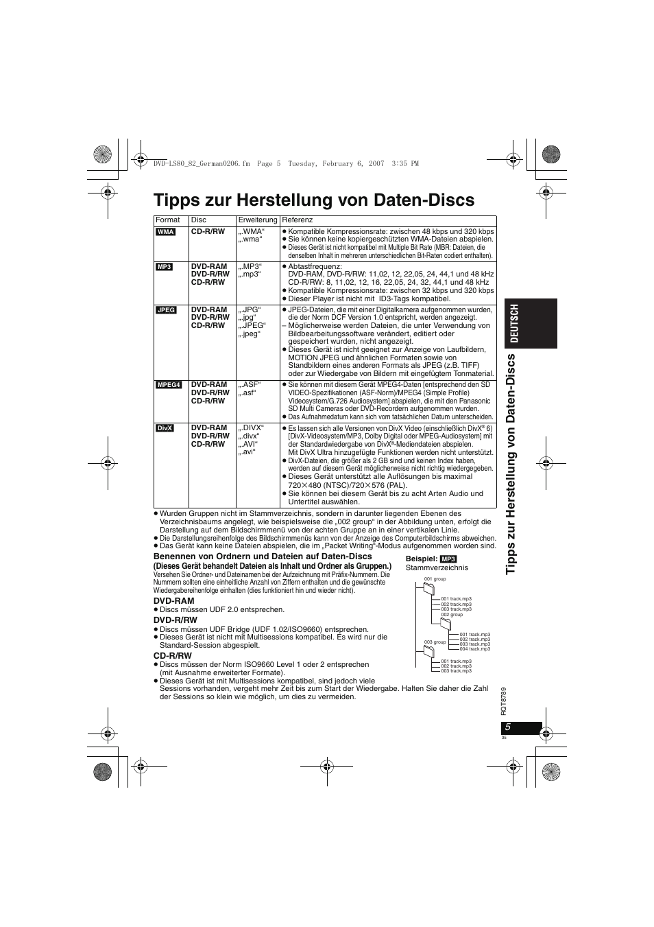 Tipps zur herstellung von daten-discs, Tipps zur her s tel lung v on daten- dis c s | Panasonic DVDLS82 User Manual | Page 35 / 192