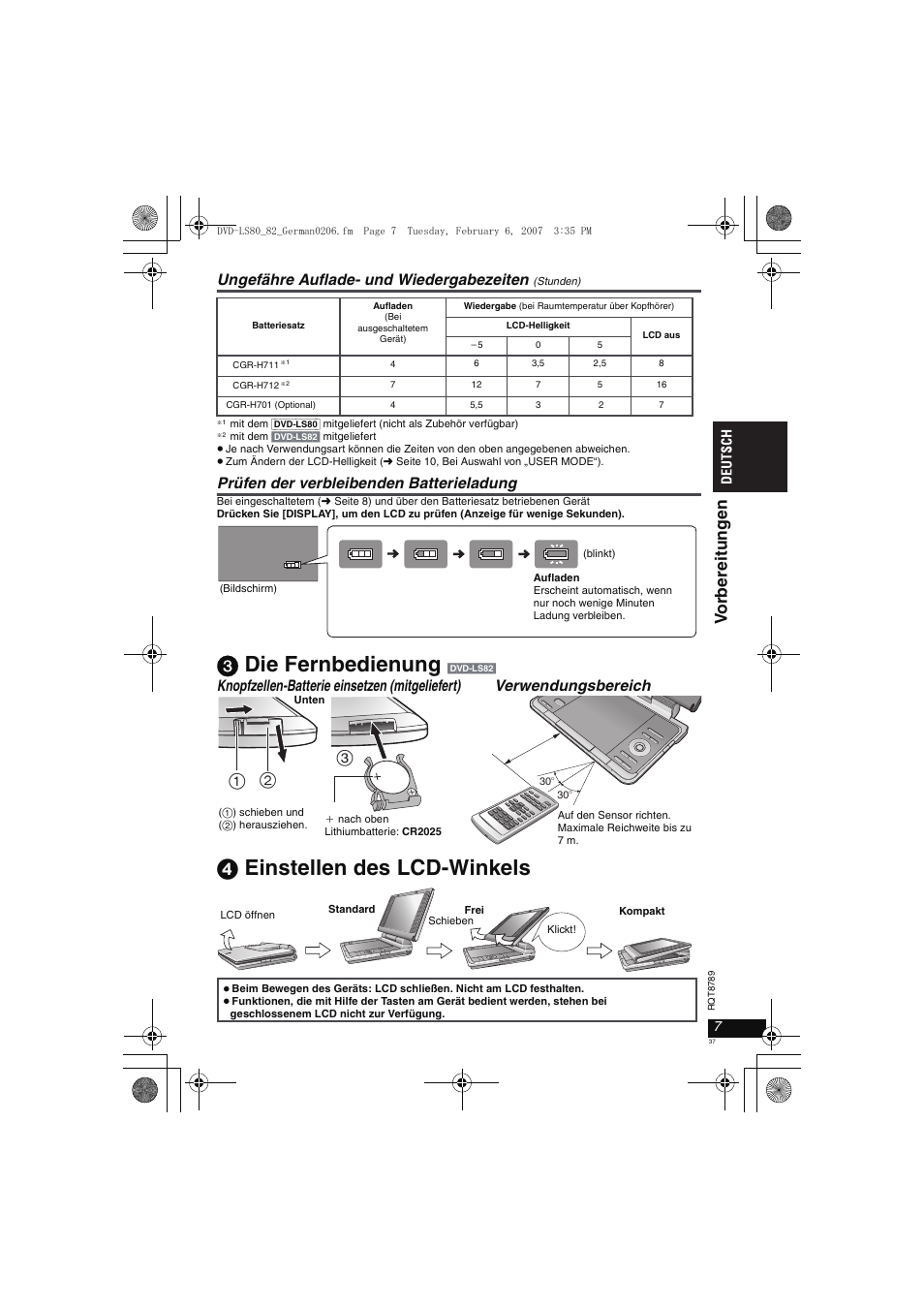 3 die fernbedienung, 4 einstellen des lcd-winkels, Vo rberei tungen | Ungefähre auflade- und wiedergabezeiten, Prüfen der verbleibenden batterieladung | Panasonic DVDLS82 User Manual | Page 37 / 192