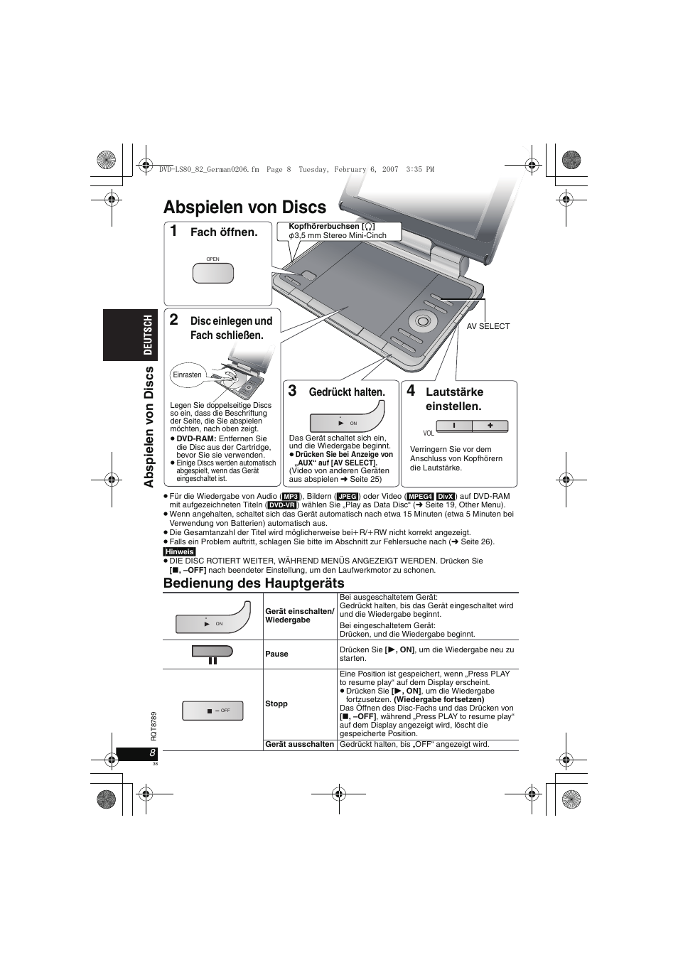 Abspielen von discs, Bedienung des hauptgeräts, Abs p iel en v on dis c s | Panasonic DVDLS82 User Manual | Page 38 / 192