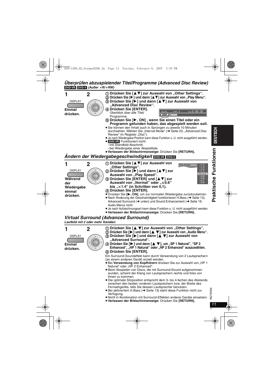 Prakt isc h e funkt ion e n, Ändern der wiedergabegeschwindigkeit, Virtual surround (advanced surround) | Panasonic DVDLS82 User Manual | Page 41 / 192